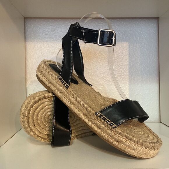 Urban Outfitters Black Leather Espadrille Sandals Ankle Strap Jute Sole Summer - Picture 5 of 14